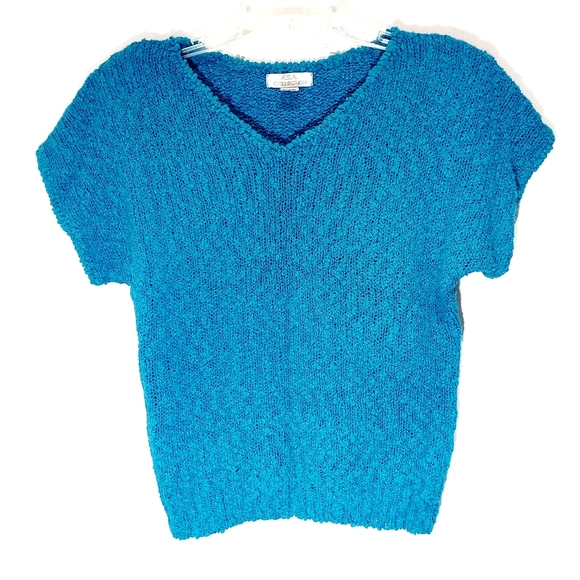 F.S.A. Collection Blue Short Sleeve V-Neck Pullover Textured Knit Sweater Size M - Picture 1 of 4